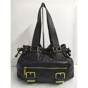 Michael Kors Black Leather Zipper Front Pockets Drawstring Closure Shoulder Bag